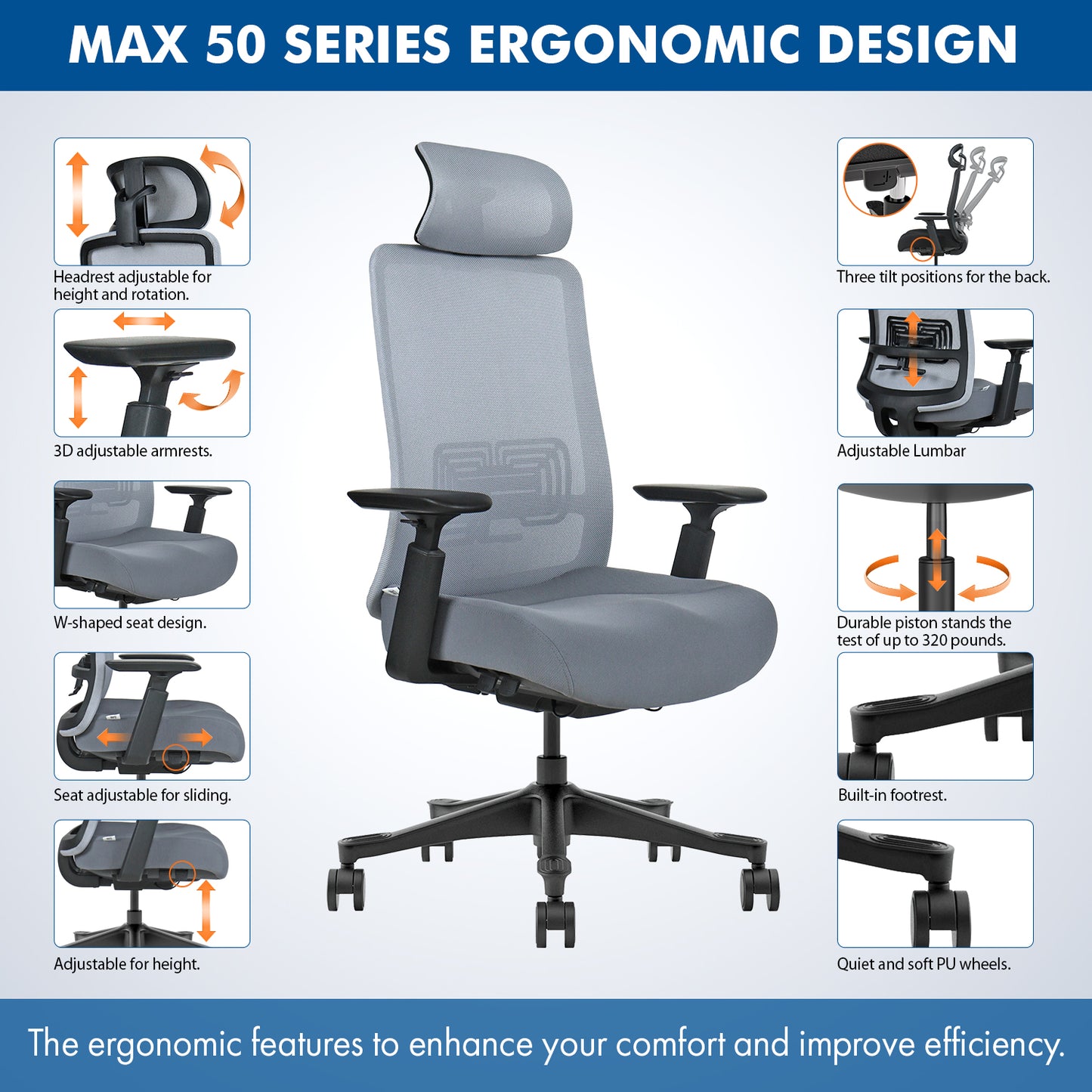 G-PACK PRO Mesh Chair with Headrest - MAX-50 (Grey)