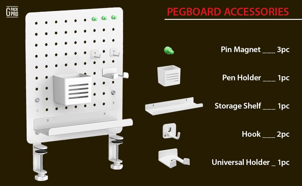PEGZONE Clamp-on Desk Pegboard, Desk Accessories for Office Gaming Home,  Magnetic Metal Peg Board with 10 Accessories, Privacy Panel for Office,  Desk